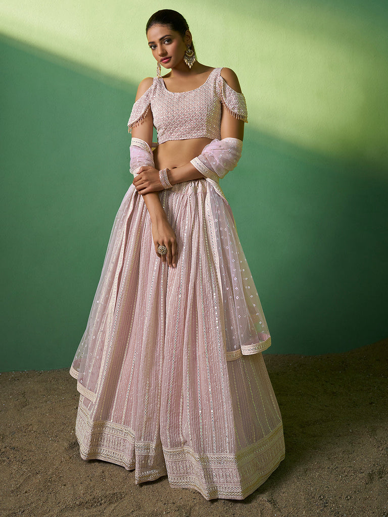 Pink Embroidered Semi Stitched Lehenga With Unstitched Blouse Clothsvilla