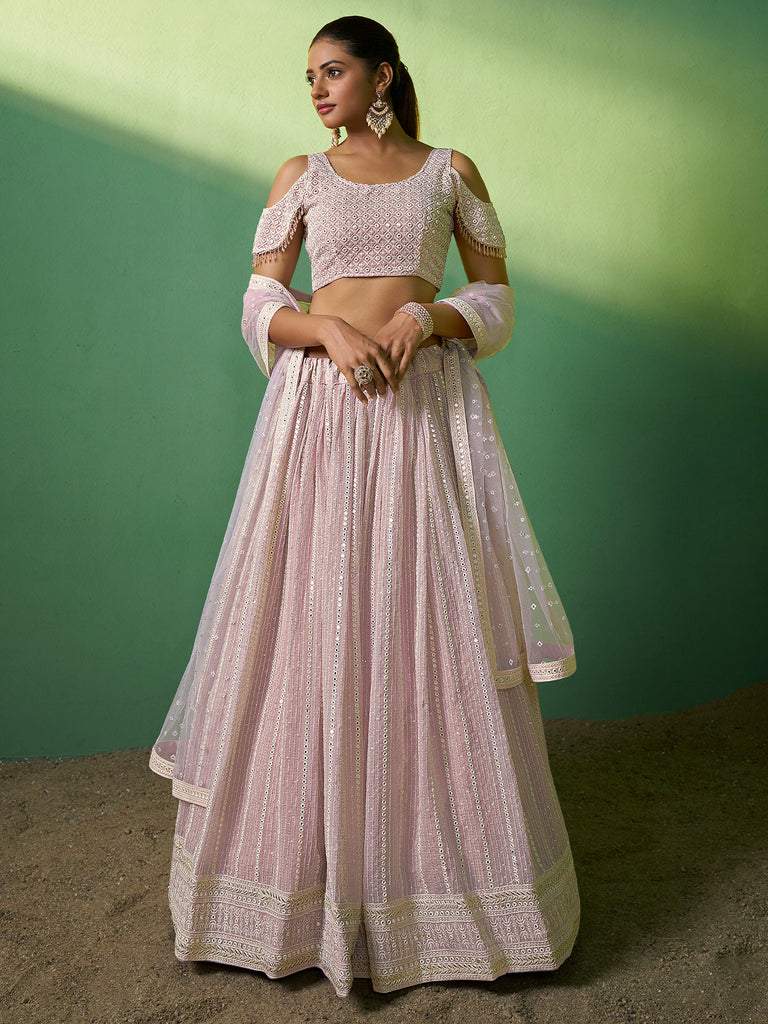 Pink Embroidered Semi Stitched Lehenga With Unstitched Blouse Clothsvilla