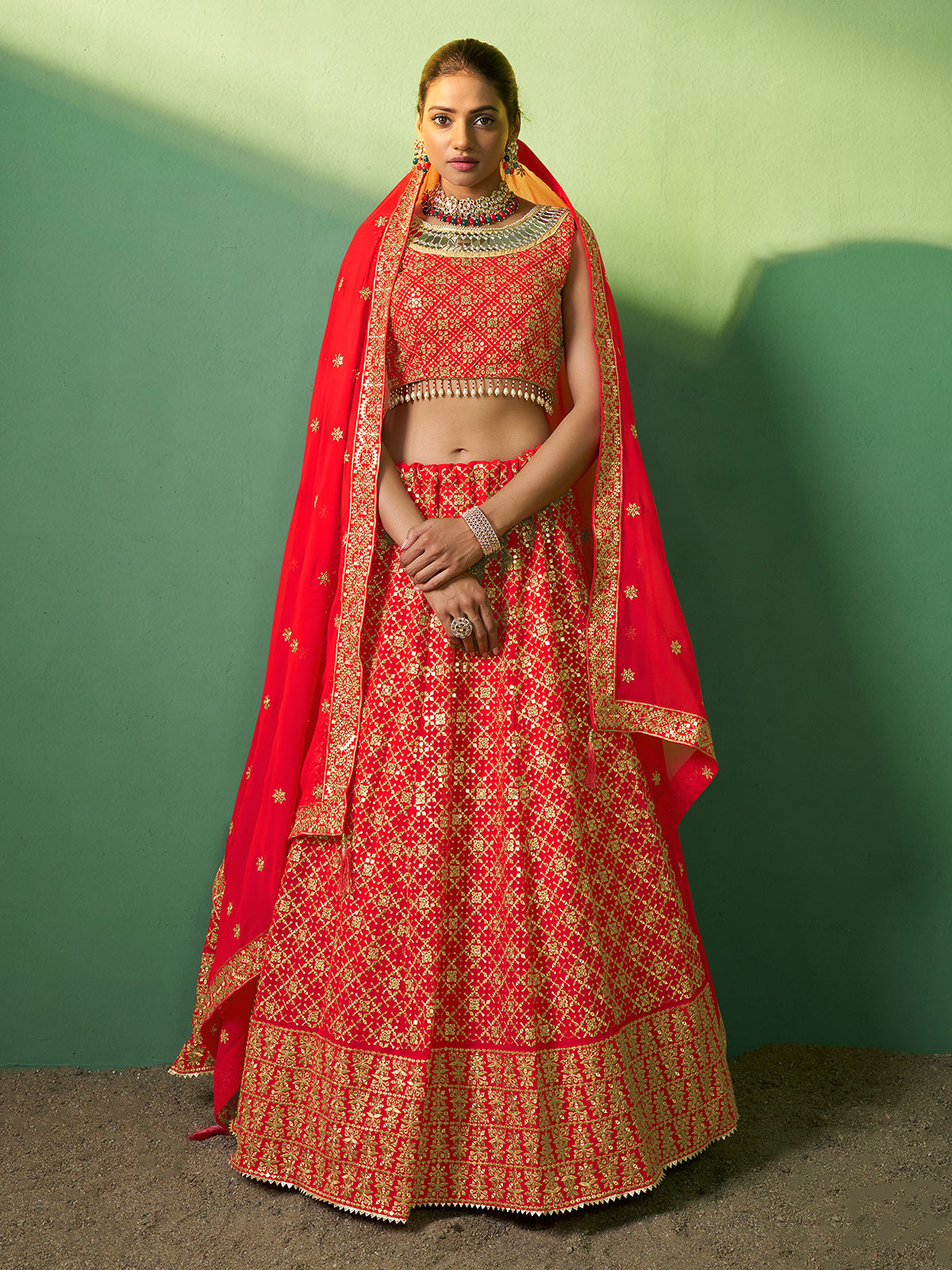 Red Embroidered Semi Stitched Lehenga With Unstitched Blouse Clothsvilla