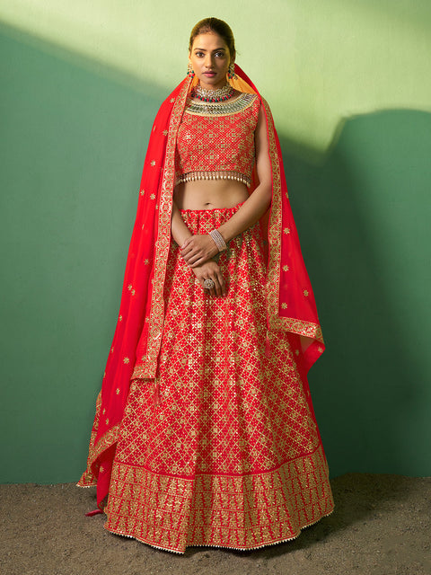 Red Embroidered Semi Stitched Lehenga With Unstitched Blouse Clothsvilla Main image