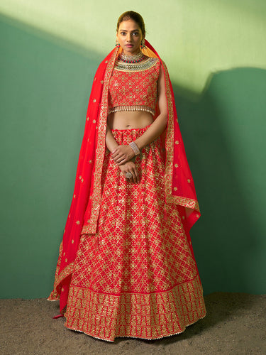 Red Embroidered Semi Stitched Lehenga With Unstitched Blouse Clothsvilla