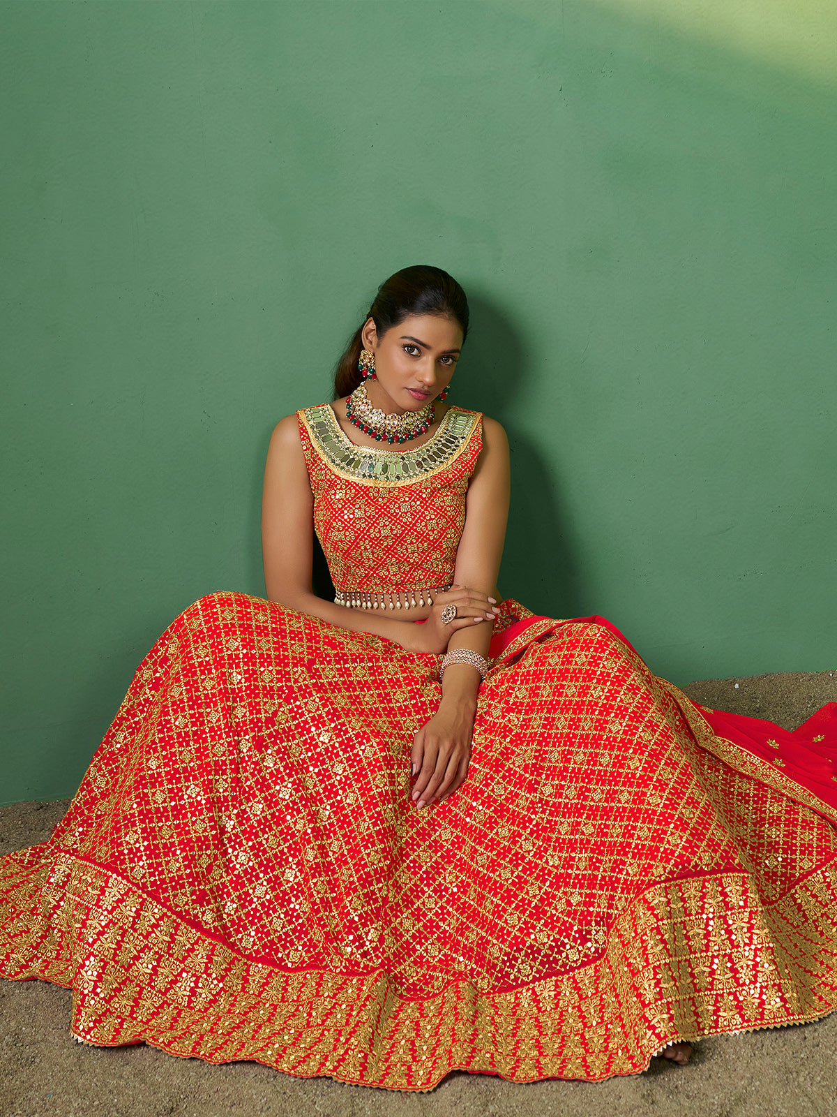 Red Embroidered Semi Stitched Lehenga With Unstitched Blouse Clothsvilla