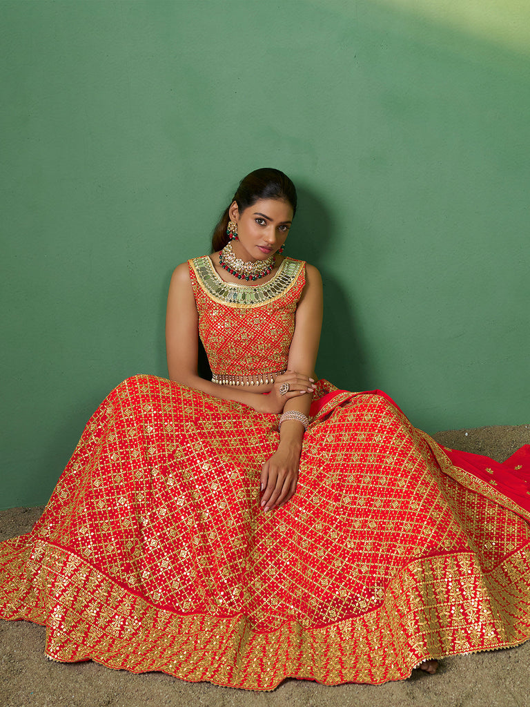 Red Embroidered Semi Stitched Lehenga With Unstitched Blouse Clothsvilla