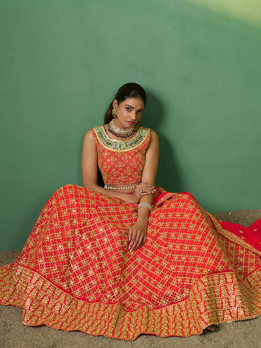 Red Embroidered Semi Stitched Lehenga With Unstitched Blouse Clothsvilla