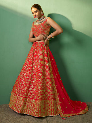 Red Embroidered Semi Stitched Lehenga With Unstitched Blouse Clothsvilla