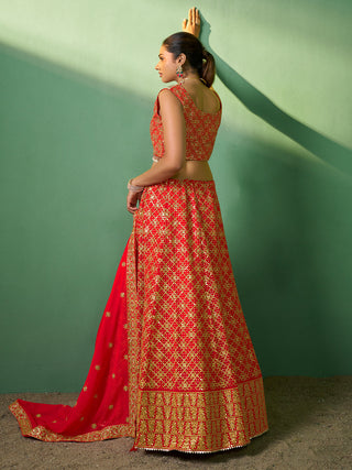 Red Embroidered Semi Stitched Lehenga With Unstitched Blouse Clothsvilla