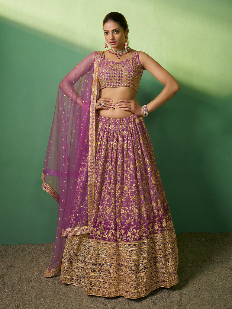 Lavender Embroidered Semi Stitched Lehenga With Unstitched Blouse Clothsvilla