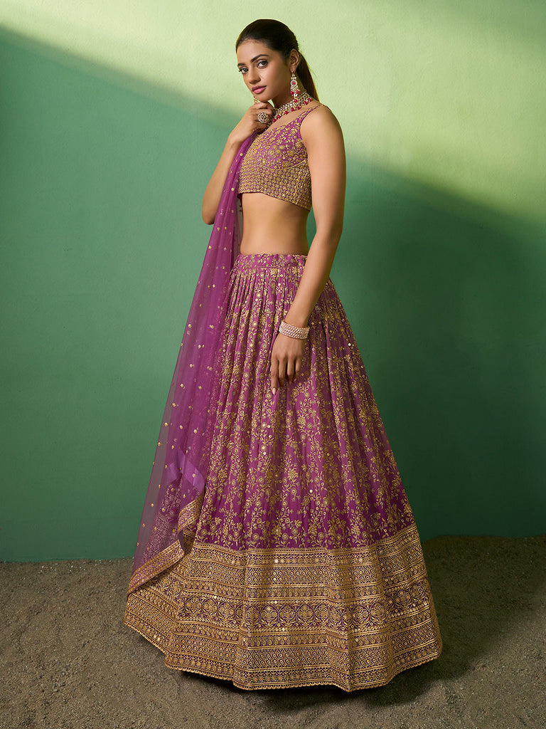 Lavender Embroidered Semi Stitched Lehenga With Unstitched Blouse Clothsvilla