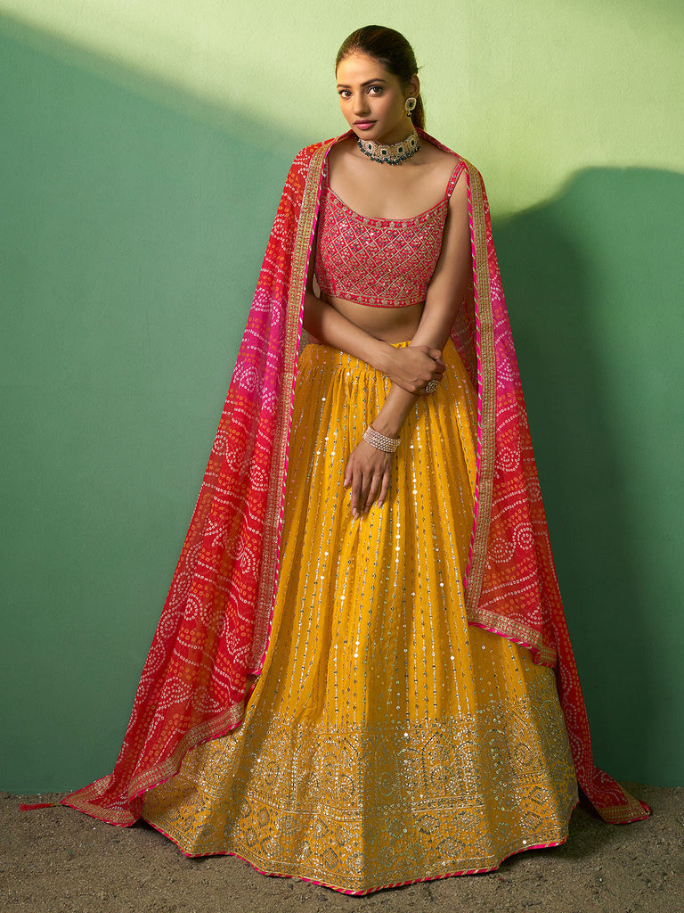 Yellow Embroidered Semi Stitched Lehenga With Unstitched Blouse Clothsvilla