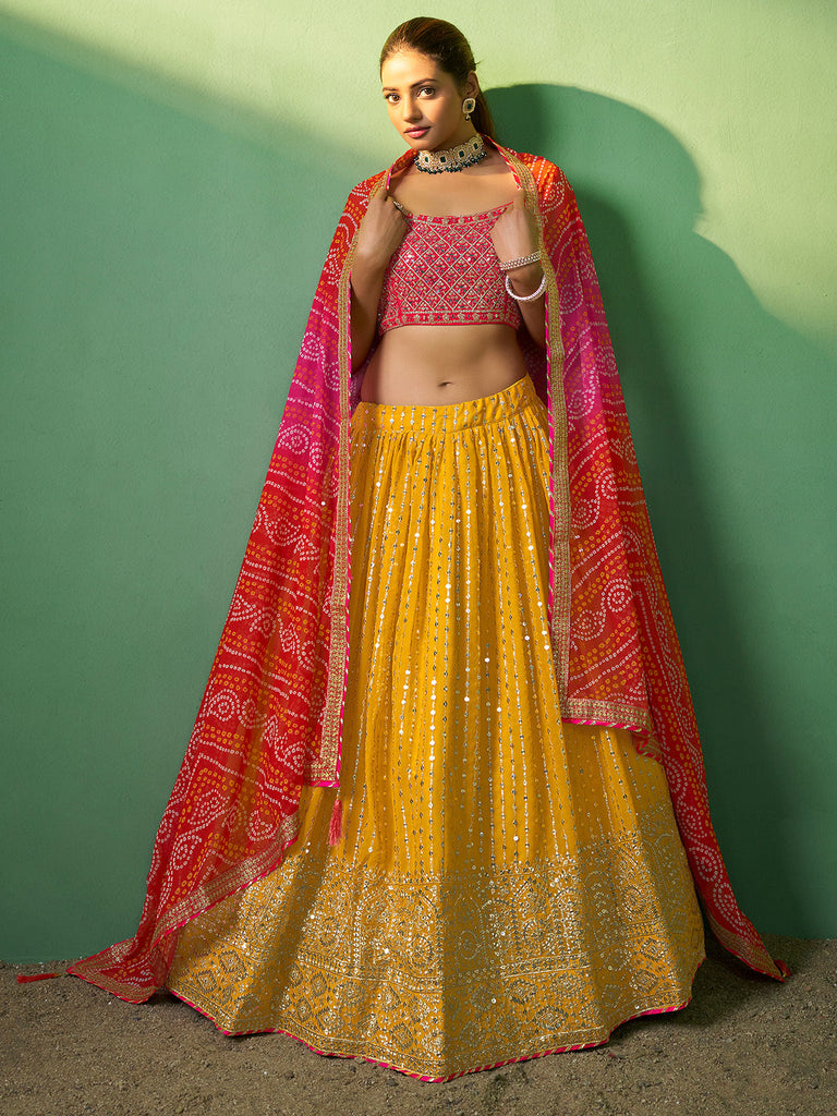 Yellow Embroidered Semi Stitched Lehenga With Unstitched Blouse Clothsvilla