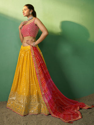 Yellow Embroidered Semi Stitched Lehenga With Unstitched Blouse Clothsvilla