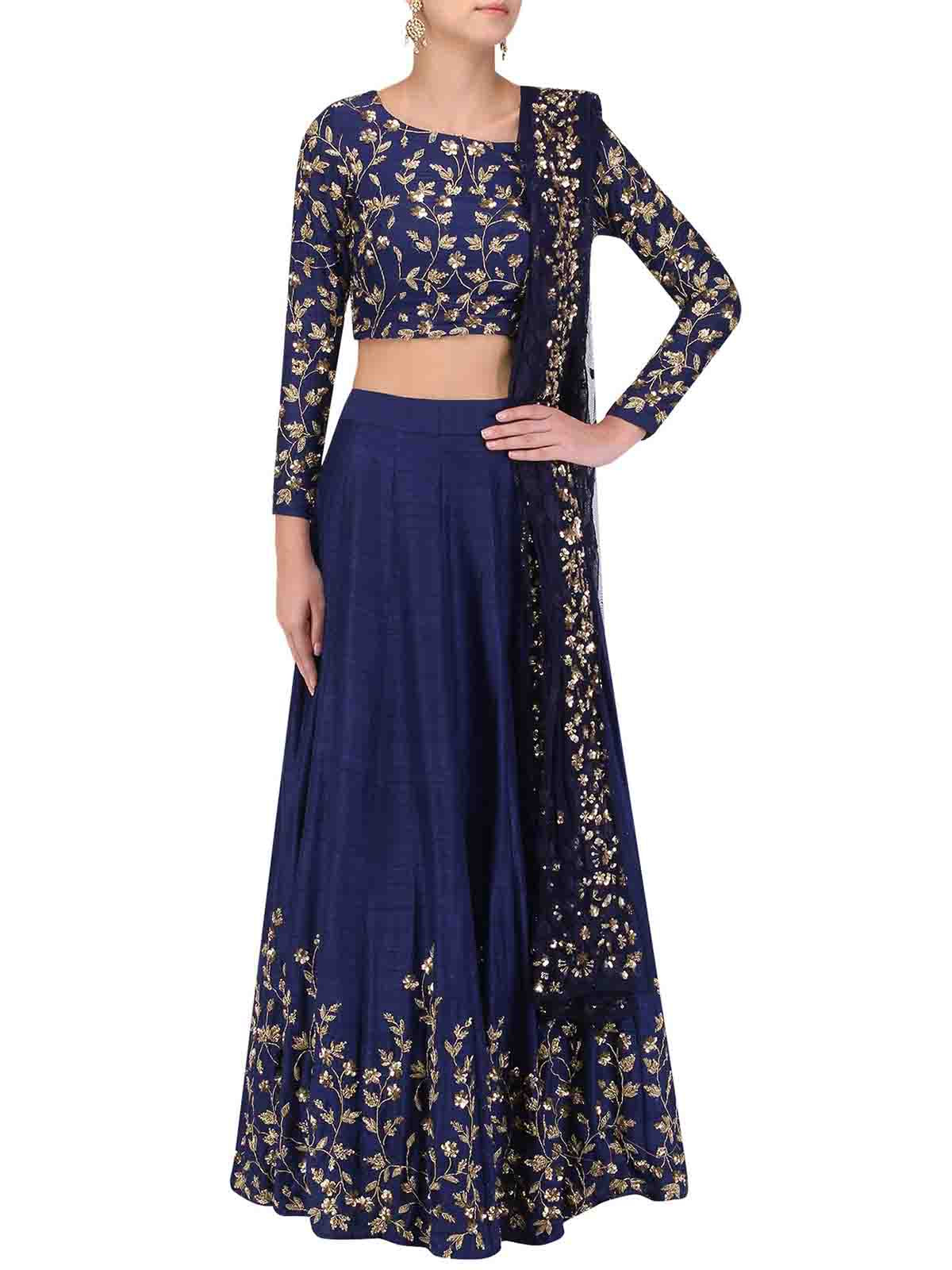 Dark Blue Art Silk Embroidered Semi Stitched Lehenga With Unstitched Blouse Clothsvilla