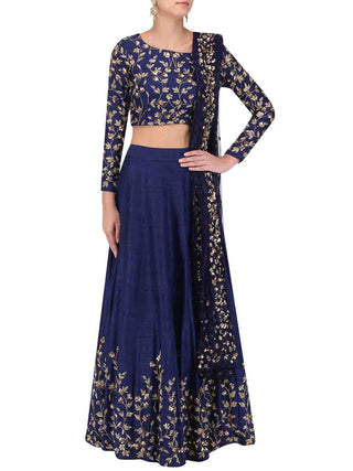 Dark Blue Art Silk Embroidered Semi Stitched Lehenga With Unstitched Blouse Clothsvilla