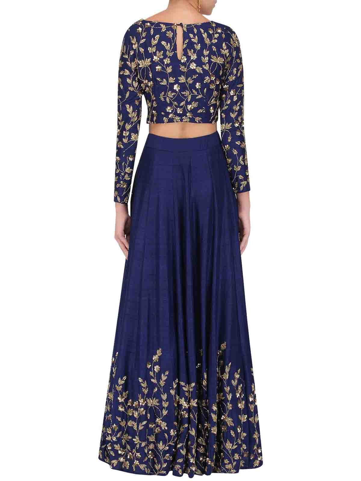 Dark Blue Art Silk Embroidered Semi Stitched Lehenga With Unstitched Blouse Clothsvilla