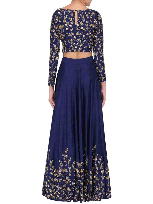 Dark Blue Art Silk Embroidered Semi Stitched Lehenga With Unstitched Blouse Clothsvilla