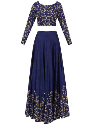 Dark Blue Art Silk Embroidered Semi Stitched Lehenga With Unstitched Blouse Clothsvilla