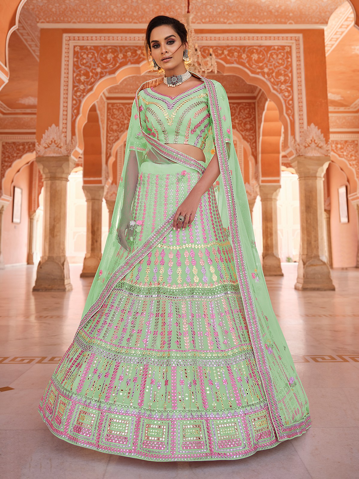 Green Embroidered Organza Semi Stitched Lehenga With Unstitched Blouse Clothsvilla Main image