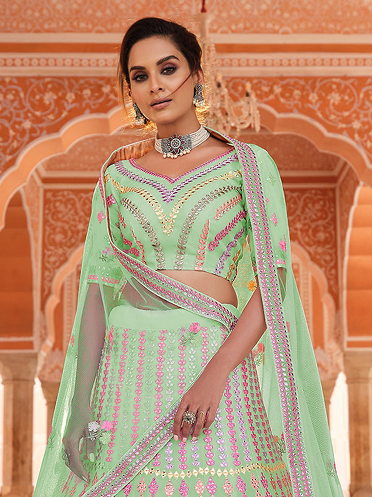 Green Embroidered Organza Semi Stitched Lehenga With Unstitched Blouse Clothsvilla