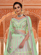 Load image into Gallery viewer, Green Embroidered Organza Semi Stitched Lehenga With Unstitched Blouse Clothsvilla