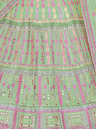 Green Embroidered Organza Semi Stitched Lehenga With Unstitched Blouse Clothsvilla