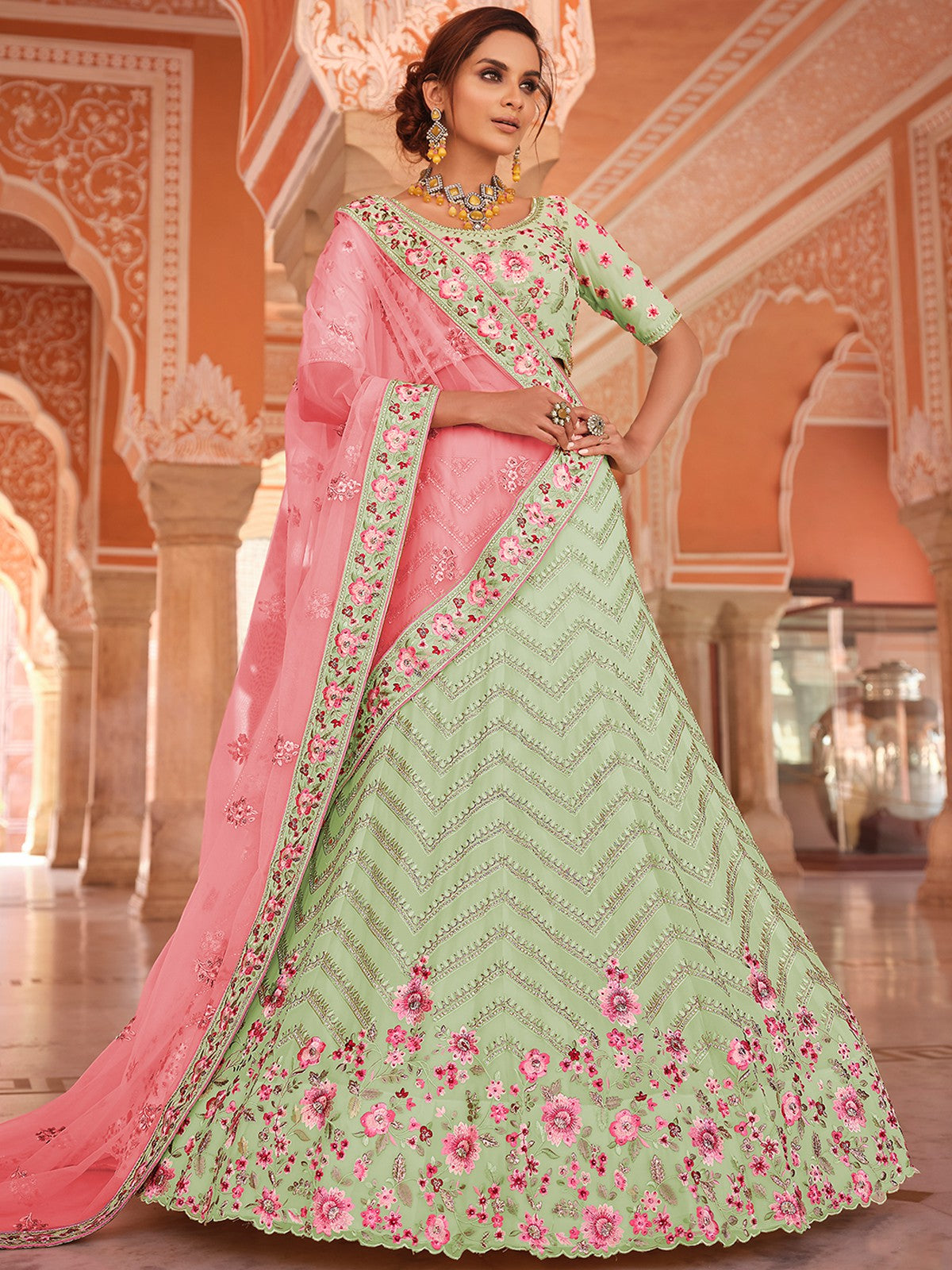 Green Embroidered Georgette Semi Stitched Lehenga With Unstitched Blouse Clothsvilla Main image