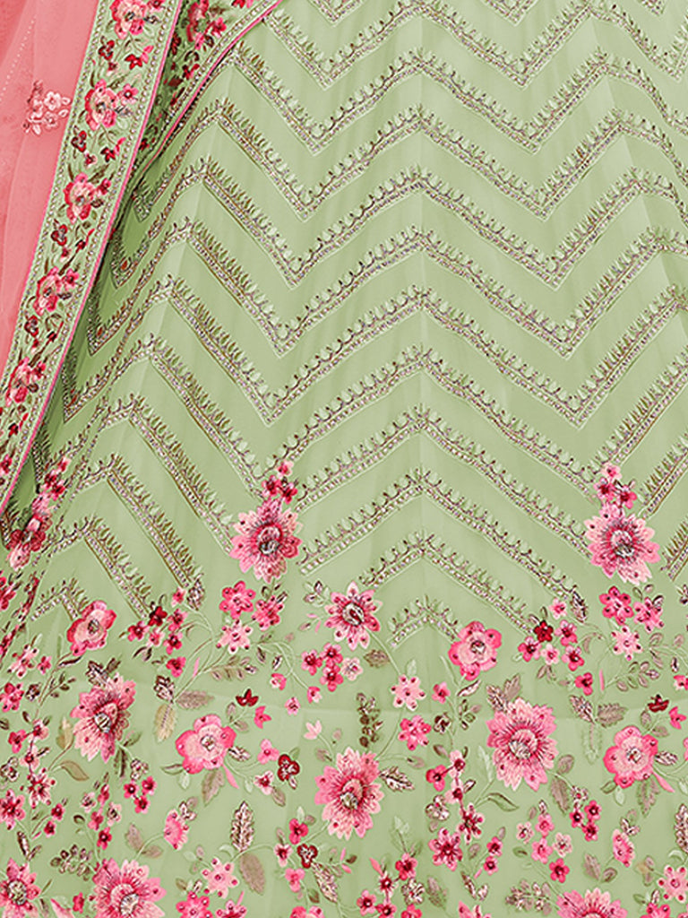 Green Embroidered Georgette Semi Stitched Lehenga With Unstitched Blouse Clothsvilla