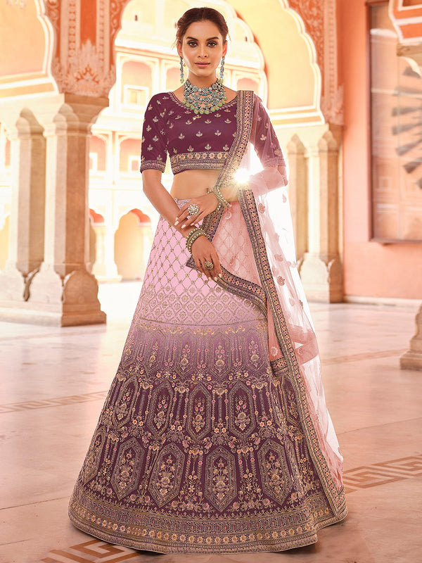 Purple Embroidered Velvet Semi Stitched Lehenga With Unstitched Blouse Clothsvilla