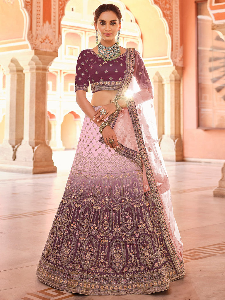 Purple Embroidered Velvet Semi Stitched Lehenga With Unstitched Blouse Clothsvilla