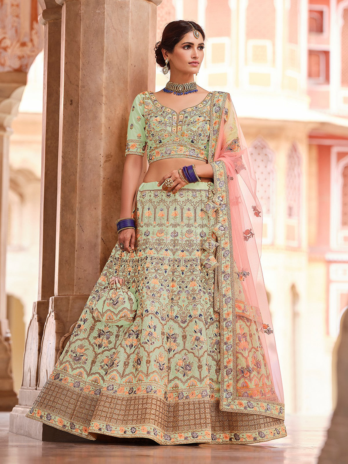 Green Embroidered Crepe Semi Stitched Lehenga With Unstitched Blouse Clothsvilla