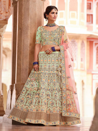 Green Embroidered Crepe Semi Stitched Lehenga With Unstitched Blouse Clothsvilla