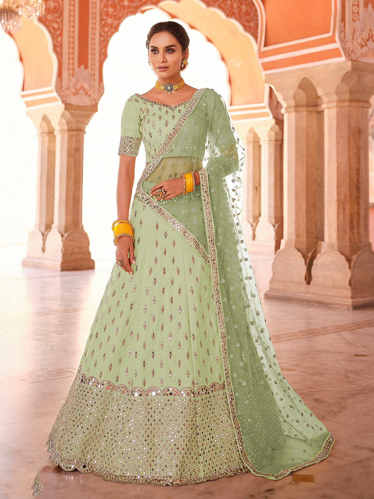 Green Embroidered Art Silk Semi Stitched Lehenga With Unstitched Blouse Clothsvilla Main image