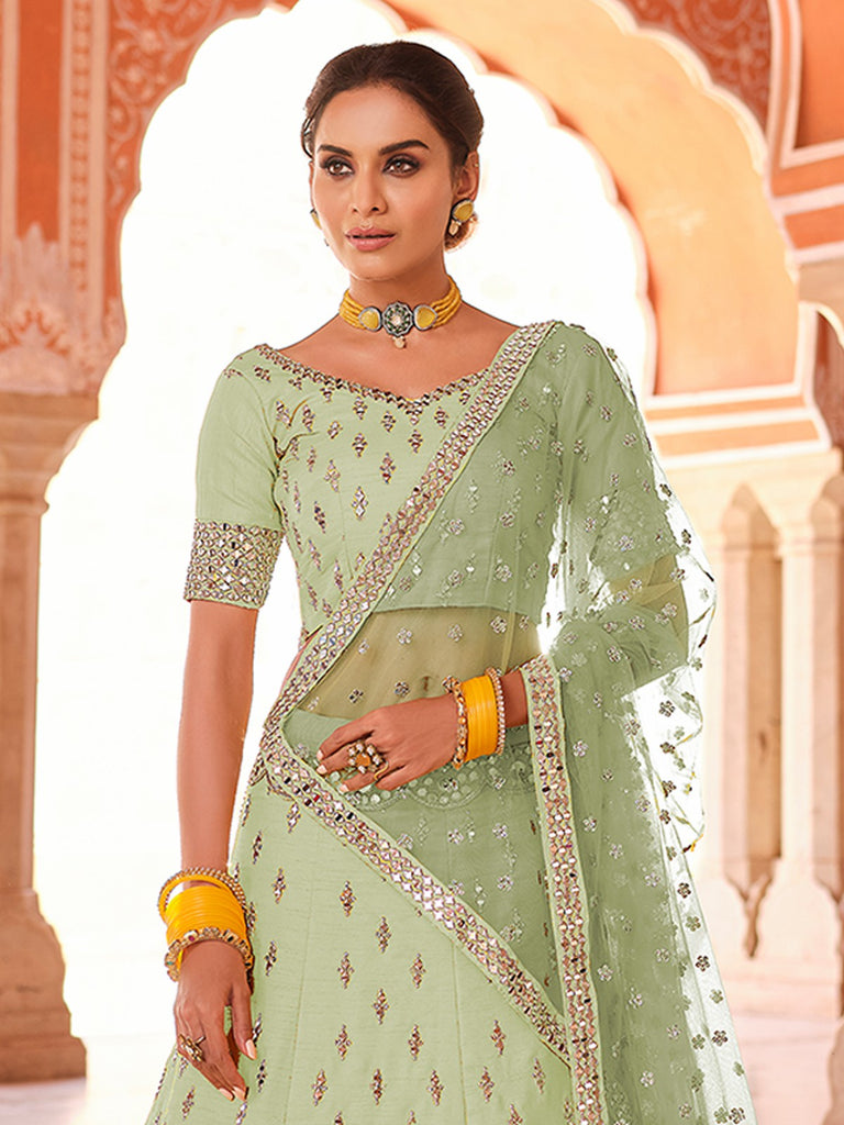 Green Embroidered Art Silk Semi Stitched Lehenga With Unstitched Blouse Clothsvilla