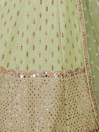 Green Embroidered Art Silk Semi Stitched Lehenga With Unstitched Blouse Clothsvilla