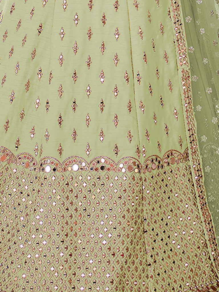 Green Embroidered Art Silk Semi Stitched Lehenga With Unstitched Blouse Clothsvilla