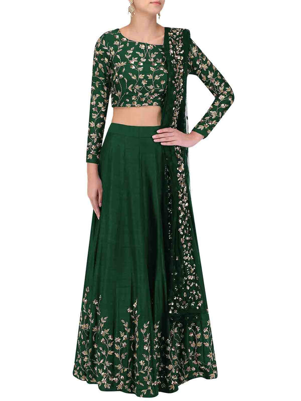 Green Art Silk Embroidered Semi Stitched Lehenga With Unstitched Blouse Clothsvilla
