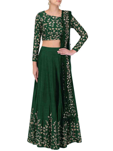 Green Art Silk Embroidered Semi Stitched Lehenga With Unstitched Blouse Clothsvilla