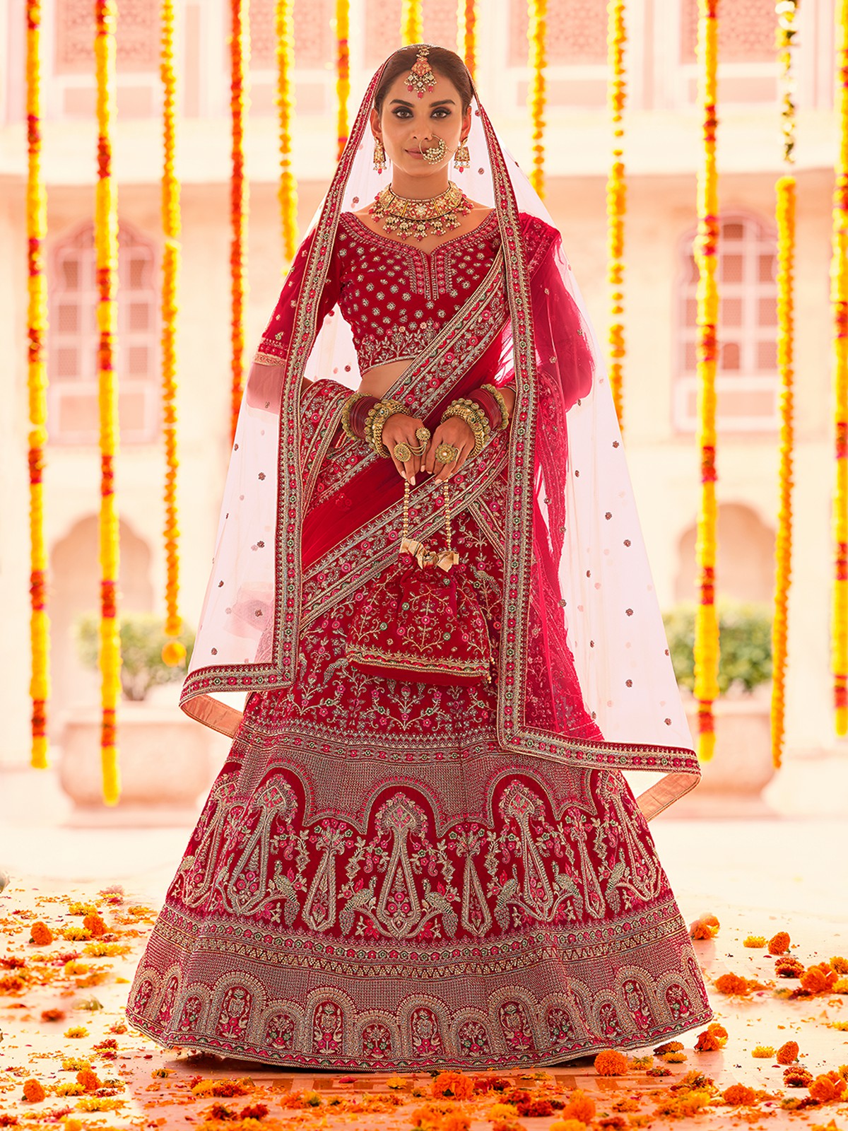 Red Embroidered Velvet Semi Stitched Lehenga With Unstitched Blouse Clothsvilla Main image
