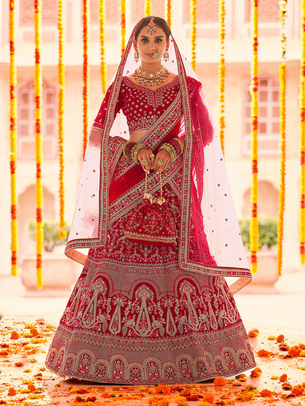 Red Embroidered Velvet Semi Stitched Lehenga With Unstitched Blouse Clothsvilla
