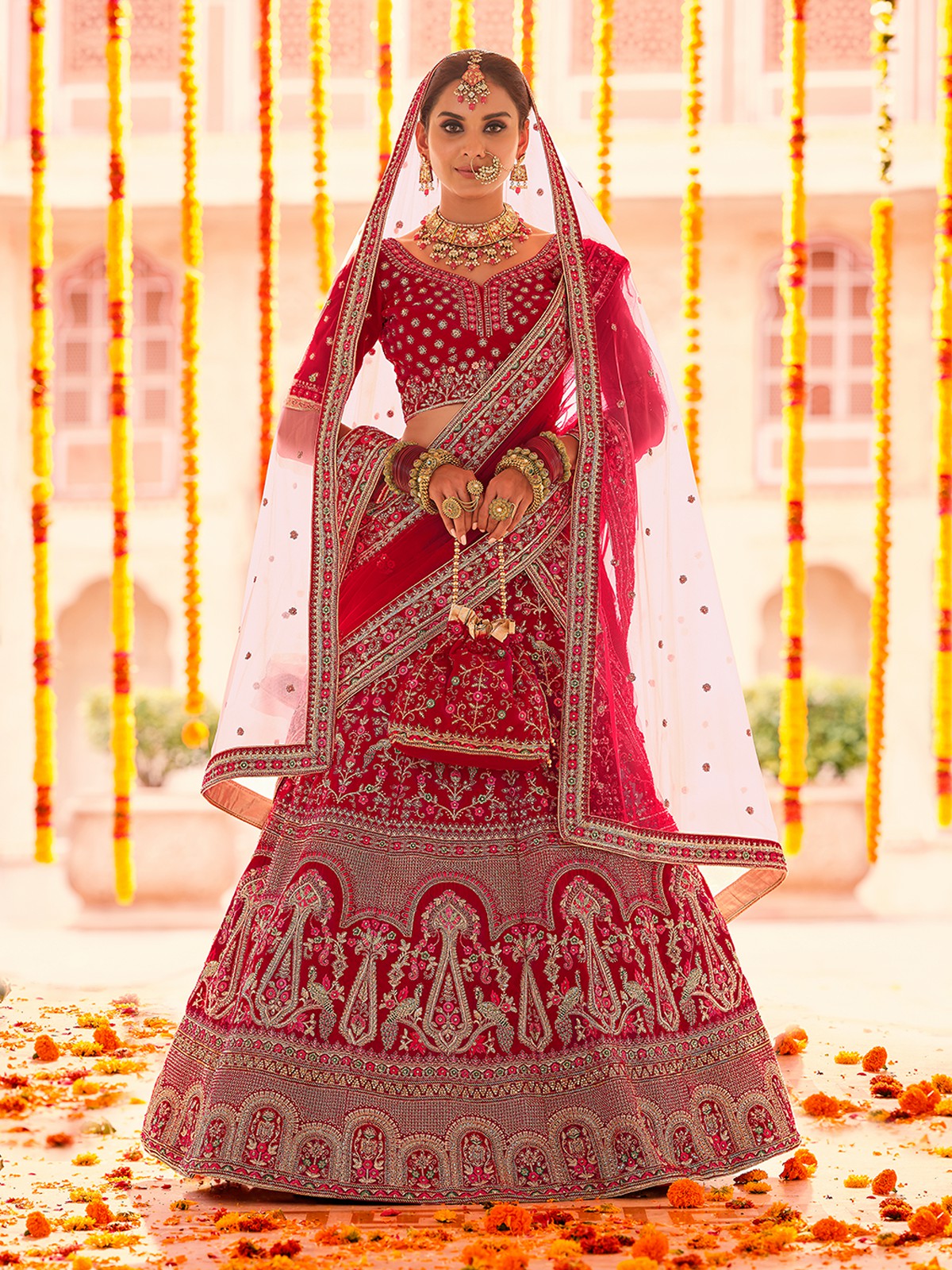 Glamorous Red Heavy Work Designer Fish Cut Bridal Lehenga SM1604