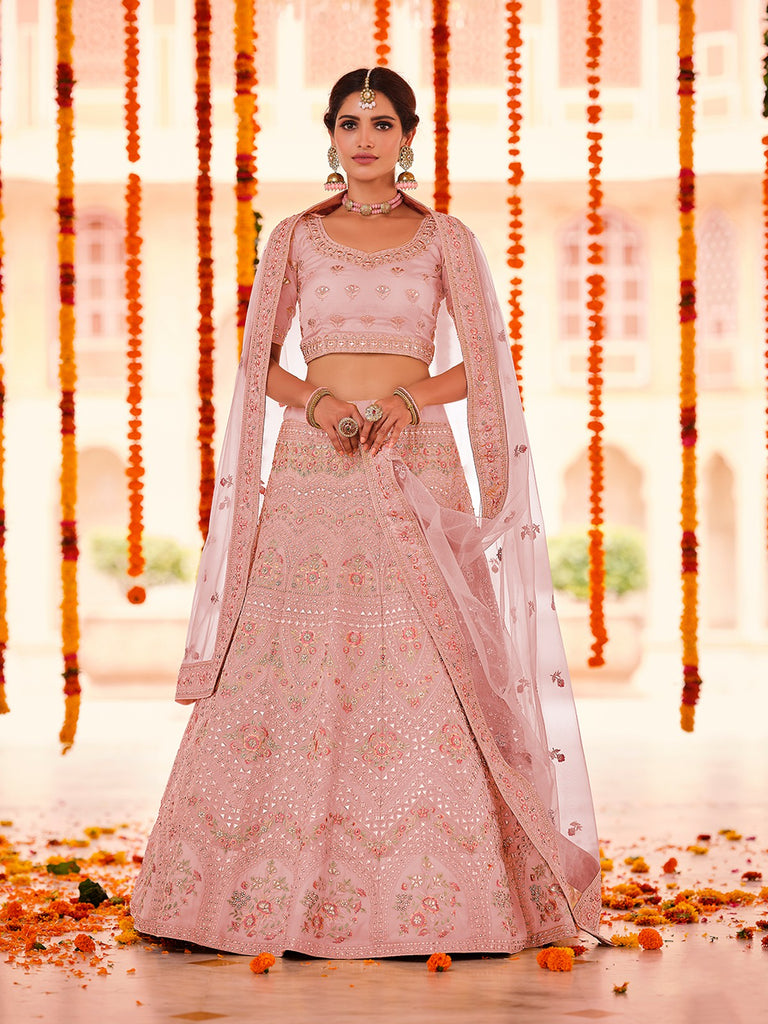 Pink Embroidered Organza Semi Stitched Lehenga With Unstitched Blouse Clothsvilla