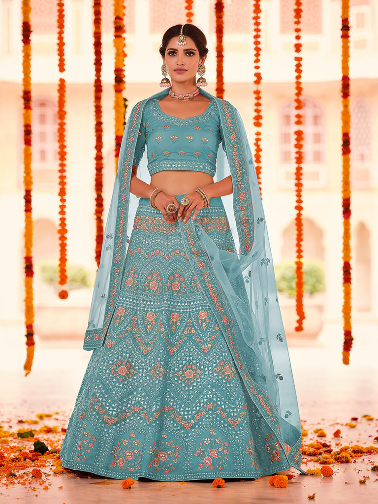 Light Blue Embroidered Organza Semi Stitched Lehenga With Unstitched Blouse Clothsvilla