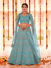 Load image into Gallery viewer, Light Blue Embroidered Organza Semi Stitched Lehenga With Unstitched Blouse Clothsvilla