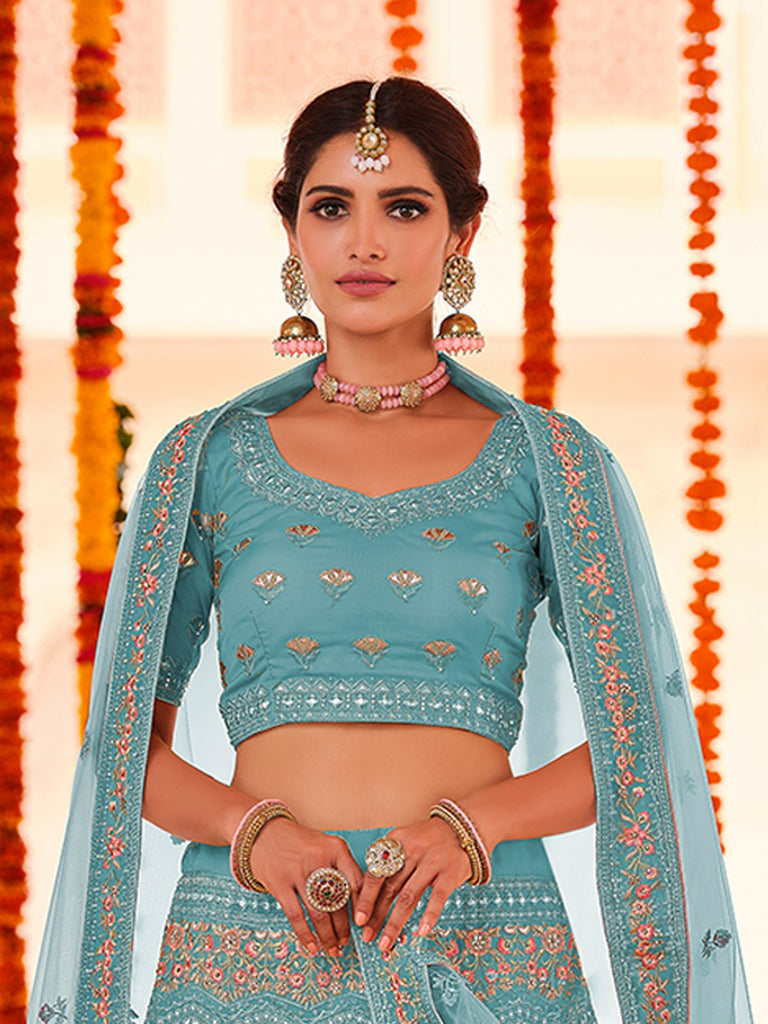 Light Blue Embroidered Organza Semi Stitched Lehenga With Unstitched Blouse Clothsvilla