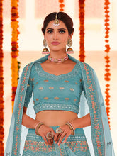 Load image into Gallery viewer, Light Blue Embroidered Organza Semi Stitched Lehenga With Unstitched Blouse Clothsvilla