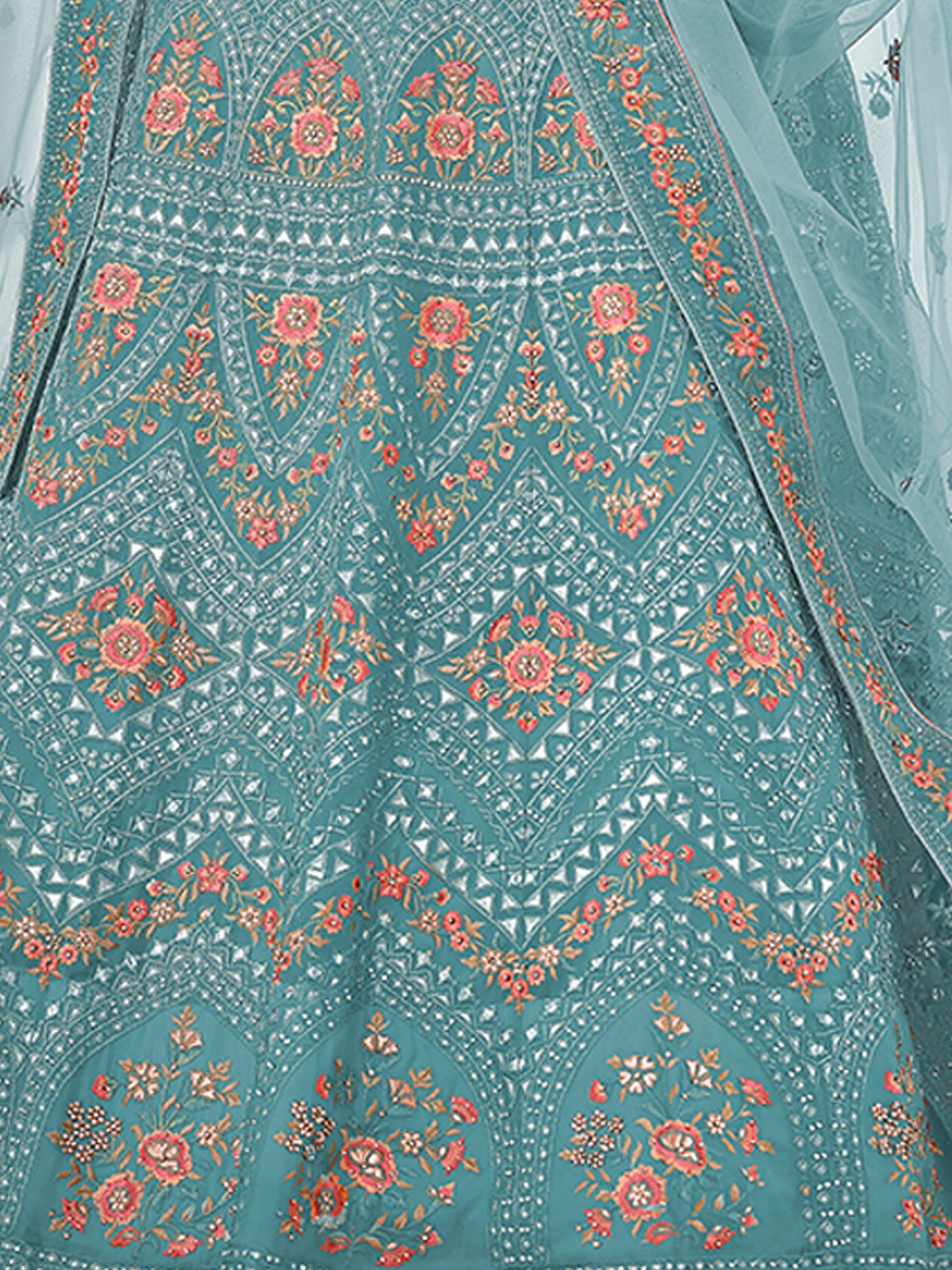 Light Blue Embroidered Organza Semi Stitched Lehenga With Unstitched Blouse Clothsvilla