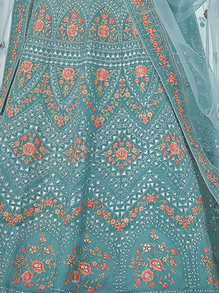 Light Blue Embroidered Organza Semi Stitched Lehenga With Unstitched Blouse Clothsvilla