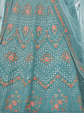 Load image into Gallery viewer, Light Blue Embroidered Organza Semi Stitched Lehenga With Unstitched Blouse Clothsvilla