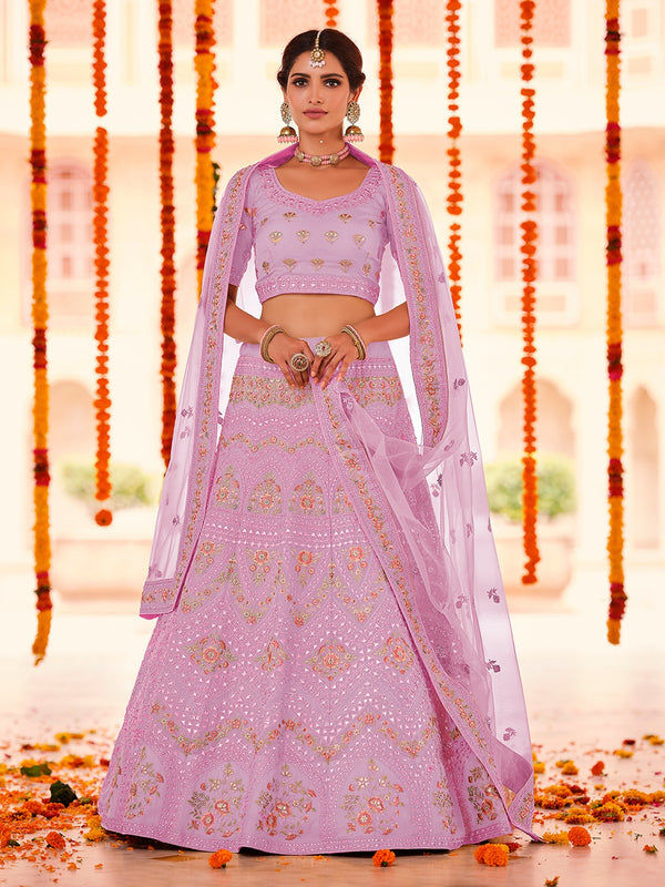 Purple Embroidered Organza Semi Stitched Lehenga With Unstitched Blouse Clothsvilla