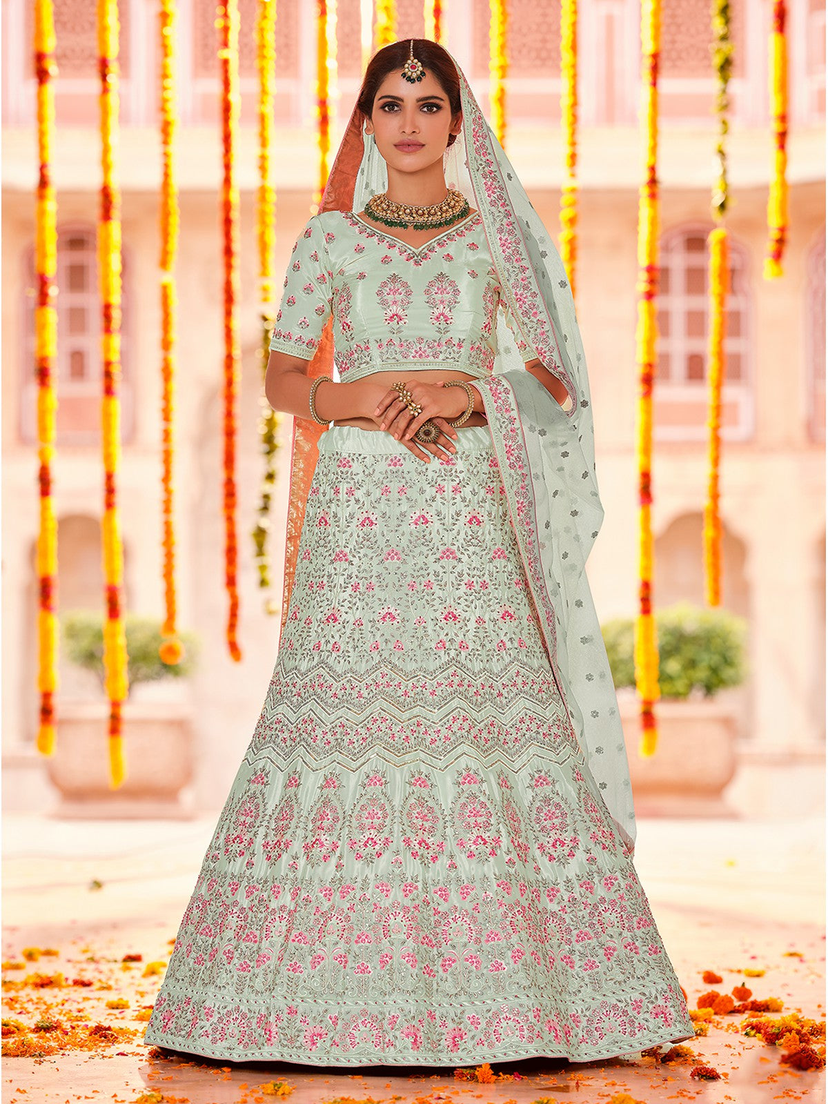 Green Crepe Semi Stitched Lehenga With Unstitched Blouse Clothsvilla Main image