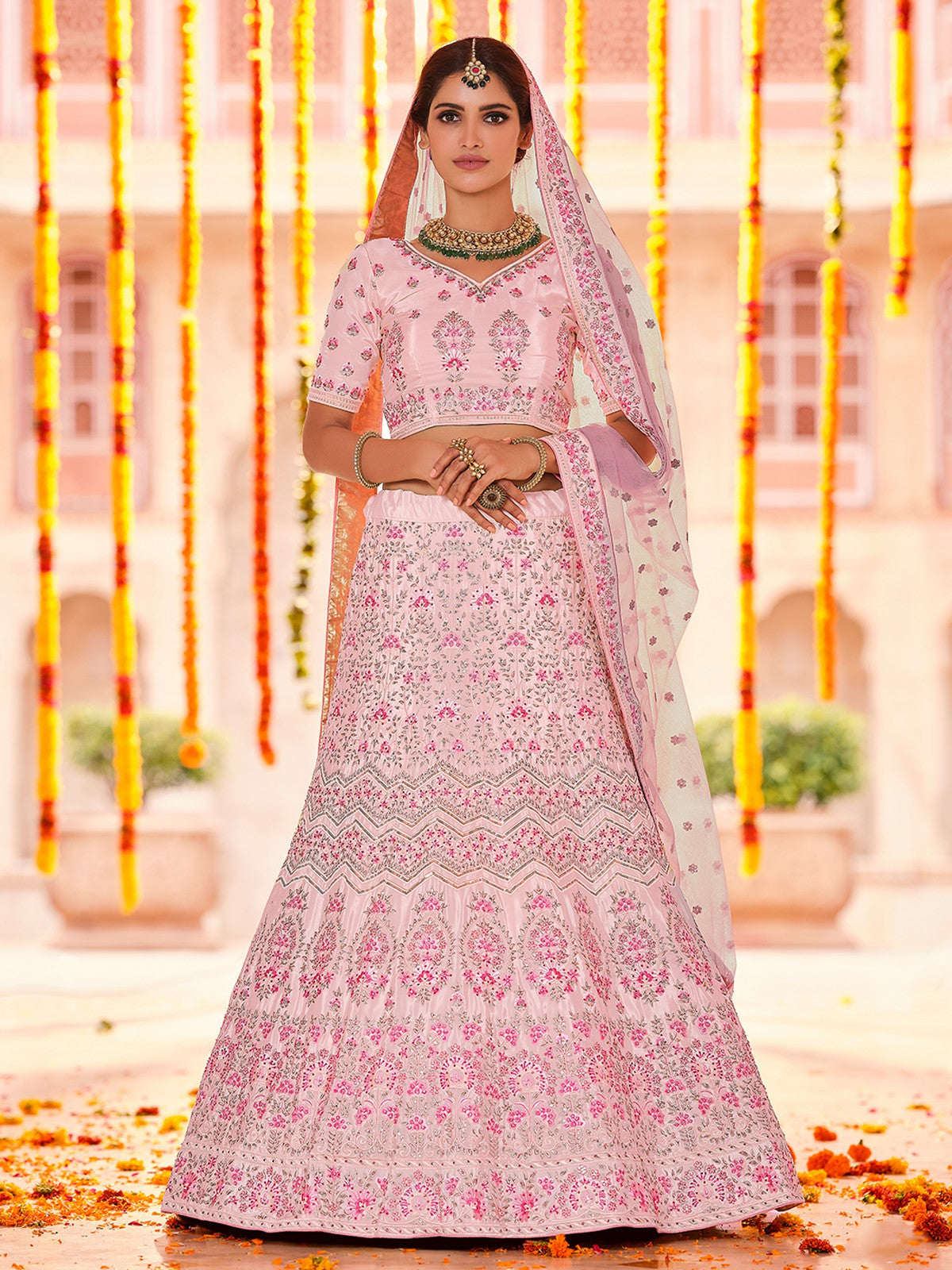 Pink Crepe Semi Stitched Lehenga With Unstitched Blouse Clothsvilla Main image